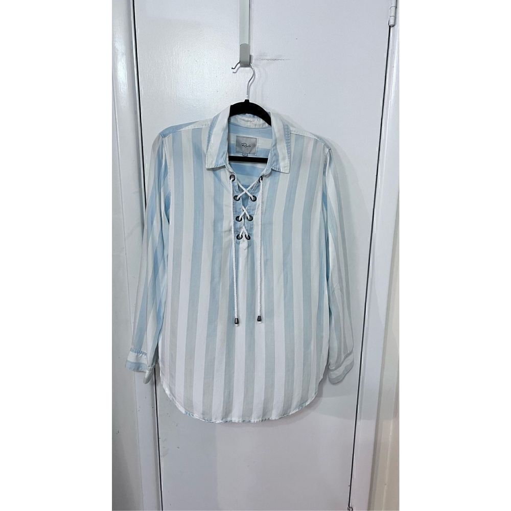 RAILS ULI LACE-UP BLUE WHITE BLOCK STRIPE BLOUSE WOMENS SIZE L
